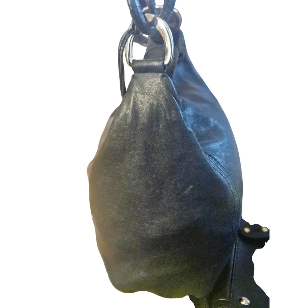 Michael Kors Black Leather‎ Hobo Bag Silver Ring Hardware MK Charm Shoulder Bag